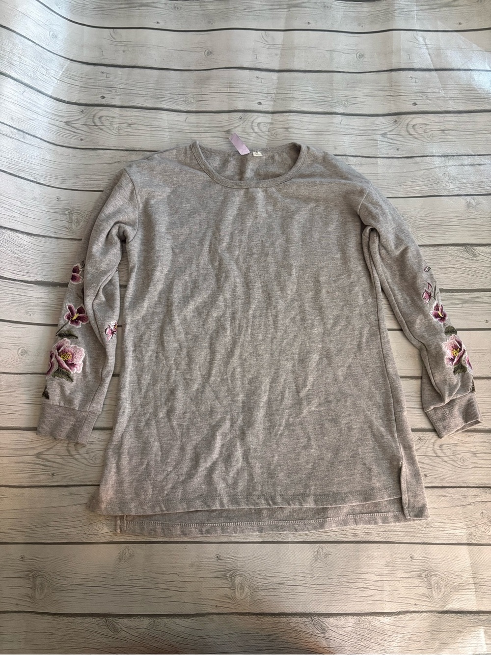 Alya Light Gray Knit Sweatshirt with Pink Floral Sleeve Embroidery